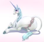  2018 absurd_res amalthea_(tlu) anus blush butt dankflank equine female feral hi_res horn looking_at_viewer mammal pussy pussy_juice solo teats the_last_unicorn unicorn 