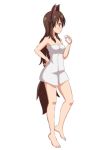  animal_ears barefoot bottle breasts brown_hair cato_(monocatienus) commentary from_side full_body hand_on_hip holding imaizumi_kagerou long_hair looking_away milk_bottle naked_towel red_eyes solo tail touhou towel white_background 