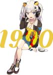 90s :d alternate_costume blue_eyes character_name cloba collarbone commentary crossed_legs d-pad d-pad_hair_ornament digital_media_player eyebrows_visible_through_hair full_body hair_ornament hairclip headphones highres jacket jewelry kaguya_luna kaguya_luna_(character) long_hair long_sleeves looking_at_viewer necklace open_mouth simple_background sitting smile solo twintails virtual_youtuber white_background white_hair 