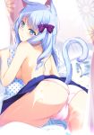  animal_ears arched_back ass ass_focus bangs bare_back bed blue_eyes blue_hair blue_skirt blush bow breast_press breasts cat cat_ears commentary_request eyebrows_visible_through_hair from_behind hair_bow hair_ornament head_tilt highres indoors long_hair looking_at_viewer looking_back no_bra original panties pillow pink_panties pleated_skirt sideboob skirt solo stained_glass tail underwear uzuki_hiro 