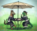  2018 3_toes 4_toes anthro argonian beverage browm_fur canine chair claws clothed clothing crossdressing cup day detailed_background digital_drawing_(artwork) digital_media_(artwork) duo eyes_closed feathers fur gas_mask girly grass green_scales gundycat hair hi_res holding_object horn jug maid_uniform male mammal mask outside parasol paws red_feathers red_hair scales scalie signature sitting sky skyrim smile sunshade table tea the_elder_scrolls toe_claws toes tuft uniform video_games wolf 