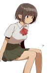 bow bowtie brown_eyes brown_hair closed_mouth collared_shirt commentary_request copyright_request feet_out_of_frame from_side green_skirt grey_shirt invisible_chair kawai_makoto pleated_skirt red_neckwear shirt short_hair short_sleeves signature simple_background sitting skirt solo white_background wing_collar 