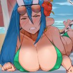  1girl angry animal_ears barefoot beach blue_eyes blush breasts cleavage clenched_teeth cloud cow_ears cow_girl cow_tail earrings erect_nipples flower frown green_eyes hair_flower hair_ornament half-closed_eyes horns huge_breasts jewelry legs_up long_hair looking_at_viewer lying ocean on_stomach original outdoors parted_lips rozencruz sky solo sunglasses sunglasses_on_head sweat tail teeth water 