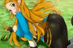  1girl all_fours ass blonde_hair blush breasts fingerless_gloves frog gloves green_eyes large_breasts lindaroze long_hair looking_at_viewer looking_back nintendo open_mouth pants pantylines pointy_ears princess_zelda shiny shiny_clothes shiny_hair shirt sideboob smile solo the_legend_of_zelda the_legend_of_zelda:_breath_of_the_wild tight tight_pants 