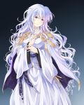  blush cape circlet diadora_(fire_emblem) dress fire_emblem fire_emblem:_seisen_no_keifu fire_emblem_heroes highres lavender_hair long_hair looking_at_viewer mememefe purple_eyes purple_hair simple_background smile solo 