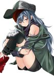  bangs black_shorts blush boots brown_eyes coat commentary_request eyebrows_visible_through_hair g11_(girls_frontline) girls_frontline green_coat grey_shirt hair_between_eyes hat highres jacket jitome knee_pads leg_hug long_hair looking_at_viewer open_clothes open_coat open_mouth ryun025 scarf scarf_on_head shin_strap shirt short_shorts shorts shoulder_cutout sidelocks silver_hair simple_background single_legging solo very_long_hair white_background 