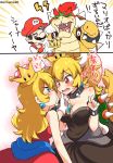  2girls 2koma black_dress black_hair blonde_hair blue_eyes borrowed_design bowser bowsette bracelet breasts brooch collar comic commentary crown dress dual_persona earrings emphasis_lines eromame eyebrows_visible_through_hair facial_hair genderswap genderswap_(mtf) gloves hair_between_eyes hand_on_another's_face hat horns jewelry jitome lightning_bolt long_hair looking_at_another mario mario_(series) multiple_boys multiple_girls mustache new_super_mario_bros._u_deluxe red_dress red_eyes red_hair sleeveless spiked_bracelet spiked_collar spikes strapless super_crown super_mario_bros. sweatdrop tail transformation translated turtle_shell wavy_mouth yuri 