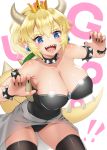  :d bare_shoulders black_legwear black_leotard black_nails blonde_hair blue_eyes bowsette bracelet breasts cleavage collar collarbone commentary_request crown earrings eyebrows eyebrows_visible_through_hair fingernails horns jewelry large_breasts leotard mario_(series) nail_polish new_super_mario_bros._u_deluxe open_mouth pointy_ears ponytail saruchitan sharp_teeth short_hair simple_background smile solo spiked_armlet spiked_bracelet spiked_collar spikes standing super_crown tail teeth thighhighs white_background 