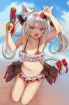  animal_ears arm_up azur_lane bad_anatomy bare_arms bare_shoulders beach bell bikini bikini_skirt black_bow blue_eyes blue_sky blush bow cat_ears cat_girl cat_tail chestnut_mouth cloud cloudy_sky collarbone commentary_request day fang fisheye flower hair_bow hair_flower hair_ornament hammann_(azur_lane) hand_up heri horizon jingle_bell long_hair looking_at_viewer navel ocean open_mouth outdoors red_bikini_top red_bow red_flower red_rose rose sand silver_hair sky solo swimsuit tail tail_bell tail_bow twintails very_long_hair water water_gun 