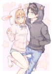  1girl animal_hood blonde_hair blue_eyes bunny_hood cat_hood christa_renz eren_yeager hood hoodie loungewear no_shoes shingeki_no_kyojin socks tonshi 