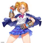  bangs blue_eyes blue_skirt bow bowtie breasts clenched_hand commentary commission crossover english_commentary forehead gauntlets grin hair_bow hand_on_hip highres jacket_on_shoulders kousaka_honoka league_of_legends love_live! love_live!_school_idol_project medium_breasts one_side_up orange_hair pink_bow plaid plaid_skirt pleated_skirt rizihike skirt smile solo vi_(league_of_legends) watch white_background wristwatch yellow_bow 