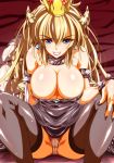  arm_behind_back bangs black_legwear black_nails blonde_hair blue_eyes bowsette bracelet breasts cleavage collar commentary_request crown dress earrings eyebrows_visible_through_hair genderswap genderswap_(mtf) hair_between_eyes hand_on_lap highres horns jewelry large_breasts long_hair looking_at_viewer mario_(series) nail_polish new_super_mario_bros._u_deluxe panties pantyshot sharp_teeth sitting smile solo special_tan spiked_armlet spiked_bracelet spiked_collar spikes spread_legs strapless strapless_dress super_crown super_mario_bros. teeth thighhighs underwear white_panties 