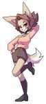  2018 4_fingers alpha_channel anthro brown_eyes brown_fur brown_hair brown_nose brown_theme canine choker clothed clothing digital_media_(artwork) eyelashes female fur grin hair hand_behind_head hand_on_hip legwear looking_at_viewer mammal on_one_leg portrait pose raised_eyebrow shirt shorts smile socks solo standing sweater toes unknownspy watermark white_fur 