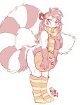  2018 clothing convenient_censorship female food fruit fur hair leaning legwear long_hair mammal mostly_nude multicolored_fur pose procyonid pumpkin raccoon rick_griffin scarf signature simple_background smile socks solo two_tone_fur 