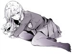  alternate_hairstyle arm_support bangs blush bonkara_(sokuseki_maou) closed_mouth commentary darjeeling dress_shirt dutch_angle emblem eyebrows_visible_through_hair frown girls_und_panzer greyscale hair_down half-closed_eyes legs long_hair looking_at_viewer lying miniskirt monochrome no_shoes on_side pantyhose pleated_skirt school_uniform shirt sitting skirt solo st._gloriana's_(emblem) st._gloriana's_school_uniform sweater 
