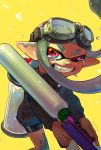  artist_name bike_shorts collared_shirt commentary_request crying crying_with_eyes_open domino_mask eyebrows fangs feet_out_of_frame goggles goggles_on_head hanako515_ika highres holding holding_weapon ink ink_tank_(splatoon) inkling long_sleeves looking_at_viewer mask pointy_ears red_eyes shirt shorts signature silver_hair solo splat_charger_(splatoon) splatoon_(series) splatoon_2 standing tears teeth tentacle_hair weapon yellow_background 