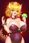  1girl akiranime bare_shoulders blonde_hair blue_eyes bowsette bracelet breasts choker cleavage collar crown curly_hair curvy dress earrings eyebrows_visible_through_hair highres horns huge_breasts jewelry lips lipstick looking_at_viewer makeup mario_(series) midriff navel new_super_mario_bros._u_deluxe nintendo pointy_ears ponytail sharp_teeth shell sleeveless sleeveless_dress smile solo stomach studded_bracelet studded_collar super_crown tail teeth 