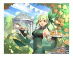  blue_sky bow breasts brown_eyes brown_gloves bush cake company_name cup day dessert detached_sleeves dress drink floral_arch flower food gazebo gloves green_bow green_dress green_hair hair_between_eyes holding holding_tray long_hair looking_at_viewer low-tied_long_hair medium_breasts mel_(wixoss) official_art open_mouth ori_simo outdoors sky slice_of_cake smile standing string_of_flags teacup teapot tray tree very_long_hair watermark wixoss yellow_flower 