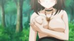  1girl ageha_(omamori_himari) animated animated_gif breast_grab breasts brown_hair grabbing green_eyes jewelry large_breasts licking_lips necklace no_bra no_nipples omamori_himari self_fondle solo sweat tongue tongue_out 