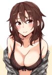  bangs bare_shoulders blush bra breasts brown_bra brown_eyes brown_hair cleavage closed_mouth collarbone commentary_request eyebrows_visible_through_hair grey_jacket hair_between_eyes head_tilt high_school_fleet highres jacket kapatarou kuroki_hiromi lace lace-trimmed_bra large_breasts looking_away off_shoulder revision solo striped underwear upper_body vertical-striped_bra vertical_stripes 