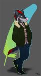  2012 anthro biped black_eyebrows blue_bottomwear blue_clothing blue_eyes blue_pants canine clothed clothing digital_media_(artwork) eyebrows flannel footwear front_view full-length_portrait fully_clothed fur green_clothing green_topwear grey_background grey_fur grey_tail grin hair hands_in_pockets jacket jeans looking_at_viewer male mammal mekhi multicolored_tail omari pants pink_nose portrait red_hair red_tail shirt shoes short_hair signature simple_background smile solo teeth wolf 