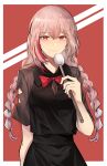  absurdres alternate_costume alternate_hairstyle bangs black_dress blush bow bowtie braid breasts cizzi closed_mouth collared_dress commentary_request dress eyebrows_visible_through_hair girls_frontline hair_between_eyes highres holding long_hair looking_at_viewer m4_sopmod_ii_(girls_frontline) medium_breasts multicolored_hair outside_border pink_hair red_eyes red_hair red_neckwear sidelocks smile solo streaked_hair twin_braids upper_body 