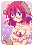  animal_ears bare_shoulders blue_eyes blush breasts cleavage collar commentary_request dog_ears dog_tail fake_animal_ears fake_tail flower glasses hair_flower hair_ornament highres large_breasts no_game_no_life protected_link red_hair short_hair solo stephanie_dora tail yuiti43 