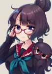  :3 adjusting_eyewear bespectacled black_shirt blue_neckwear blush breasts brown_background closed_mouth commentary_request fate/grand_order fate_(series) glasses glasses_day hair_bun hand_up highres katsushika_hokusai_(fate/grand_order) ko_yu long_sleeves looking_at_viewer medium_breasts neckerchief purple_eyes purple_hair red-framed_eyewear red_sailor_collar revision sailor_collar school_uniform serafuku shirt sideways_mouth simple_background sleeves_past_wrists sparkle tokitarou_(fate/grand_order) upper_body 