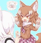  &gt;_&lt; animal_ear_fluff animal_ears anteater_ears blush bow bowtie brown_hair chibi chibi_inset claw_pose commentary_request eyebrows_visible_through_hair fang flying_sweatdrops fur_collar highres japanese_wolf_(kemono_friends) kemono_friends kolshica long_hair long_sleeves multicolored_hair multiple_girls neckerchief open_mouth plaid plaid_neckwear plaid_skirt pleated_skirt sailor_collar short_hair skirt southern_tamandua_(kemono_friends) sweater tail tearing_up translation_request white_hair wolf_ears wolf_tail yellow_eyes 