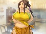  1girl armband bare_shoulders blurry blurry_background blush breasts brown_hair chair cleavage closed_mouth cowboy_shot hands_on_hips high_ponytail highres huge_breasts indoors legs long_hair long_ponytail looking_at_viewer midriff navel orange_skirt original pink_eyes plump ponytail sidelocks skirt solo standing table thighs tied_skirt yakuza_yuusha_wo_maneite_shimatta_machi yoko_juusuke 