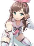  a.i._channel arm_warmers black_ribbon brown_hair commentary eyebrows_visible_through_hair green_eyes hair_tucking hairband kizuna_ai kneeling lace lace-trimmed_sleeves lace-trimmed_thighhighs looking_at_viewer multicolored_hair pink_hair pink_hairband pink_ribbon ribbon sailor_collar shorts signature simple_background solo streaked_hair takenoko_no_you thighhighs two-tone_hair virtual_youtuber white_background white_legwear white_sailor_collar white_shorts 