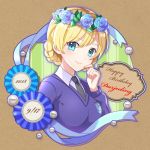  award_ribbon bangs black_neckwear blonde_hair blue_eyes blue_flower blue_rose blue_sweater blush braid brown_background character_name closed_mouth collared_shirt commentary cursive darjeeling dated dress_shirt emblem eyebrows_visible_through_hair flower girls_und_panzer hair_flower hair_ornament hand_on_own_face happy_birthday head_wreath kakuzatou_(boxxxsugar) lips long_sleeves looking_at_viewer necktie ribbon rose school_uniform shirt short_hair smile solo st._gloriana's_(emblem) st._gloriana's_school_uniform sweater swept_bangs tied_hair twin_braids upper_body v-neck white_shirt wing_collar 