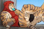  2018 biceps bulge butt clothing feline food hoodie invalid_tag looking_at_viewer lying madcow100 male mammal muscular nipples popsicle resting solo tiger wfa 