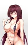  bikini black_bikini black_swimsuit blush breasts closed_mouth collarbone covered_nipples eyebrows_visible_through_hair fate/grand_order fate_(series) groin head_tilt highres large_breasts long_hair looking_at_viewer navel purple_hair red_eyes scathach_(fate)_(all) scathach_(fate/grand_order) see-through simple_background slingshot_swimsuit smile solo swimsuit very_long_hair white_background yua_(argaoffroad) 