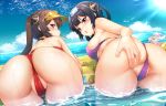  anthropomorphism ass ass_grab azur_lane bikini black_hair blush breasts brown_hair cameltoe chibi choker close clouds hat ipuusan_(pestxsan) long_hair ning_hai_(azur_lane) ping_hai_(azur_lane) ponytail purple_eyes red_eyes short_hair sky sunglasses swim_ring swimsuit universal_bullin water wet white_hair 