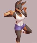  anthro baseball_bat breasts brown_eyes canine clothed clothing cooliehigh cutoffs denim_shorts doberman dog female mammal shirt shorts solo tank_top 