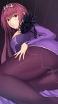  absurdres bangs breasts commentary_request crotch_seam dress eyebrows_visible_through_hair fate/grand_order fate_(series) feng_mouren fur_trim hair_between_eyes highres jewelry large_breasts long_hair looking_at_viewer lying on_side panties panties_under_pantyhose pantyhose parted_lips purple_dress purple_hair red_eyes scathach_(fate)_(all) scathach_skadi_(fate/grand_order) solo thigh_grab tiara underwear 