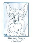  2018 big_ears blush canine collar female fennec fox hair long_hair looking_at_viewer mammal monochrome nervous_smile nipples penny_fenmore picture_frame rick_griffin signature smile solo sweat yearbook 