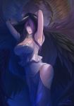  albedo armpits arms_behind_head arms_up black_feathers black_hair black_wings breasts cleavage demon_girl demon_horns dress feathered_wings gloves hair_over_one_eye highres hip_vent horns large_breasts long_hair low_wings navel ousang overlord_(maruyama) side_cutout slit_pupils smile solo white_dress white_gloves wings yellow_eyes 