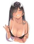  bangs bikini bikini_tan black_hair breasts collarbone commentary_request eyebrows_visible_through_hair grin hair_between_eyes half-closed_eyes hands_up highres long_hair looking_at_viewer mole mole_on_breast navel original parted_lips purple_eyes rinku_(rin9) simple_background smile solo swept_bangs swimsuit tan tanline upper_body white_background 