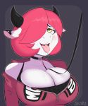  2018 akara anthro bdsm big_breasts blush bovine breasts cattle clothed clothing collar domination female fully_clothed hair hoodie horn huge_breasts leash mammal mary_(akara) naughty_face saliva short_hair smile solo tongue tongue_out voluptuous 