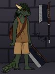 2016 anthro biped brick cleaver clothed clothing digital_media_(artwork) dragonborn filth_(jiggydino) full-length_portrait fully_clothed horn inside jiggydino long_tail low_res melee_weapon portrait reptile scalie shirt shorts solo standing tank_top weapon 