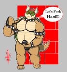  2018 aereous animal_humanoid anthro barazoku bdsm belly biceps bondage bound bowser bulge collar digital_media_(artwork) domination english_text erection hair hi_res horn humanoid koopa male male_domination mario_bros muscular muscular_male nintendo pecs scalie simple_background slightly_chubby smile solo spiked_collar spikes submissive submissive_male text thick_thighs video_games 