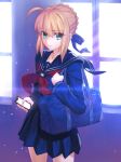  ahoge artoria_pendragon_(all) bag bangs berrykanry blonde_hair blue_bow blue_sailor_collar blue_serafuku blue_shirt blue_skirt bow braid capsule_servant cellphone collarbone commentary_request cowboy_shot day eyebrows_visible_through_hair fate_(series) green_eyes hair_between_eyes hair_bow hand_up highres holding holding_cellphone holding_phone indoors long_sleeves looking_at_viewer master_artoria neckerchief parted_lips phone pleated_skirt red_neckwear sailor_collar school_bag school_uniform serafuku shirt sidelocks skirt solo standing sunlight window 