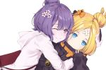  ;) abigail_williams_(fate/grand_order) absurdres bag bangs black_bow black_jacket blonde_hair blue_eyes blush bow cellphone closed_mouth commentary_request crossed_bandaids eyebrows_visible_through_hair fate/grand_order fate_(series) fei_mao fingernails flower hair_between_eyes hair_bow hair_bun hair_flower hair_ornament heroic_spirit_traveling_outfit highres holding holding_cellphone holding_phone hood hood_down hoodie hug jacket katsushika_hokusai_(fate/grand_order) key long_hair long_sleeves multiple_girls object_hug one_eye_closed orange_bow parted_bangs phone purple_eyes purple_hair revision shoulder_bag simple_background sleeves_past_fingers sleeves_past_wrists smile stuffed_animal stuffed_toy teddy_bear v white_background white_flower white_hoodie 