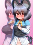  ahegao animal_humanoid big_breasts blush breast_expansion breasts clothed clothing dual_persona female feral grey_hair hair huge_breasts humanoid jewelry lactating looking_pleasured mammal mouse mouse_humanoid navel nazrin necklace pespeso red_eyes rodent shirt short_hair solo spiral_eyes sweat sweatdrop tongue tongue_out touhou 
