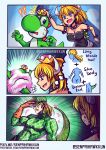  1girl absurdres black_dress blonde_hair bowsette comic commentary diego_brando dinosaur_tail dress english english_commentary gloves highres jojo_no_kimyou_na_bouken jojo_pose long_hair looking_at_viewer mario_(series) new_super_mario_bros._u_deluxe personification pose senpaihawkkun steel_ball_run super_crown super_mario_bros. tail what yoshi 