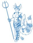  2018 animal_genitalia armor bell feline female fluffy fluffy_ears fluffy_tail looking_at_viewer mammal melee_weapon monochrome nipples polearm pose rick_griffin sheath shield signature solo sword trident warrior weapon 