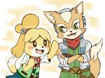  1girl animal_ears blonde_hair blush_stickers commentary_request crossed_arms crossover dog_ears dog_girl dog_tail doubutsu_no_mori eye_contact fangs fox_boy fox_ears fox_mccloud fox_tail furry hair_ornament jacket looking_at_another migo_roco neck_ribbon no_hands no_humans no_sclera open_mouth ribbon shizue_(doubutsu_no_mori) short_hair short_sleeves skirt smile star_fox super_smash_bros. super_smash_bros._ultimate tail tail_raised tareme topknot white_pupils 