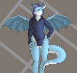  2018 anthro blue_eyes blue_hair bulge clothed clothing digital_media_(artwork) dragon girly hair hi_res hoodie horn male membranous_wings penis_outline signature skipsy skipsy_dragon_(character) solo spread_wings wings 